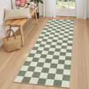 LIVEBOX Washable Runner Rug Checkered, 2x6 Green Runner Rugs for Hallway, Non-Slip Kitchen Runners, Farmhouse Neutral Classic Geometric for Hallways, Entryway, Bedroom, Bathroom(Green 2'x6') (Sage Green/Checkerboard)