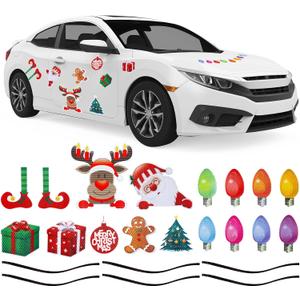 Whaline 30Pcs Christmas Reflective Car Magnets Set Colorful Bulb Light with Lines 8 Design Cartoon Santa Reindeer Gingerbread Refrigerator Garage Magnet Decal Decoration, 1.9x3.94 inches, 7.87 inches