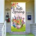 Hello Spring Door Cover with 70.9"X35.4", Spring Colorful Floral Green Leaves Door Sign Backdrop for Spring Easter Seasonal Holiday Wedding Yard Decor Farmhouse Indoor Outdoor Decorations