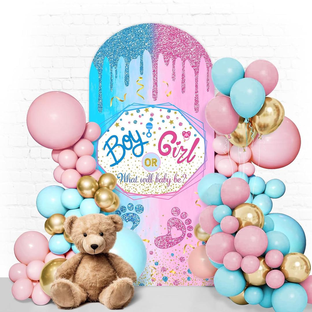 Gender Reveal Backdrop Cute Bear Baby Shower Arch Cover Backdrop for Boy or Girl Baby Party We Can Bearly Wait Blue or Pink Balloon Party Decor 7.2FT x 4FT Rainbow Double Printed Decorations