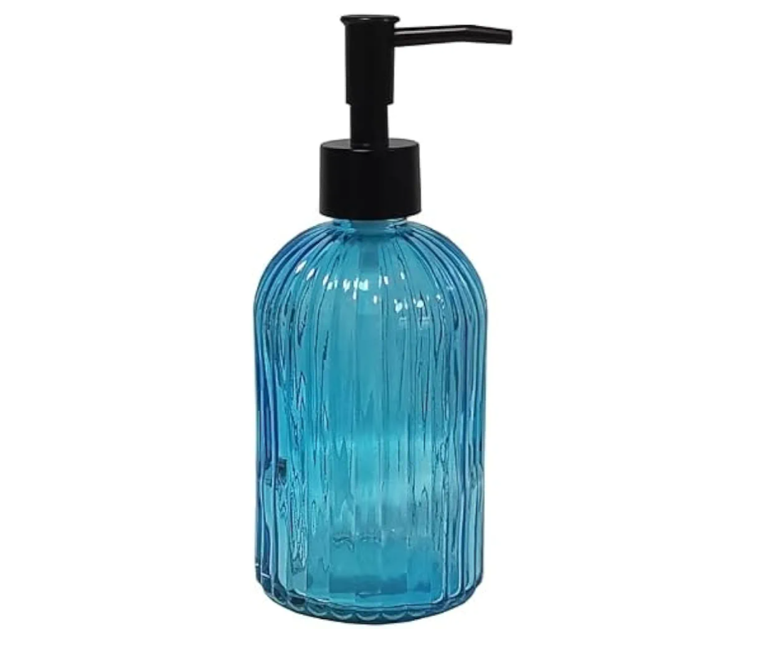 Blue Glass Soap Dispenser Set with Black Pump, 13.5oz Refillable Hand Dispenser, Lotion Dish Soap Dispenser for Modern Home Decor, Kitchen Countertop, Bathroom, Hotel
