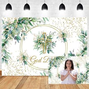 OERJU 5x3ft God Bless Backdrop Baptism First Holy Communion Christening Background Greenery Leaves Gold Dots Newborn Baby Shower Party Decorations Banner Photo Booth Props