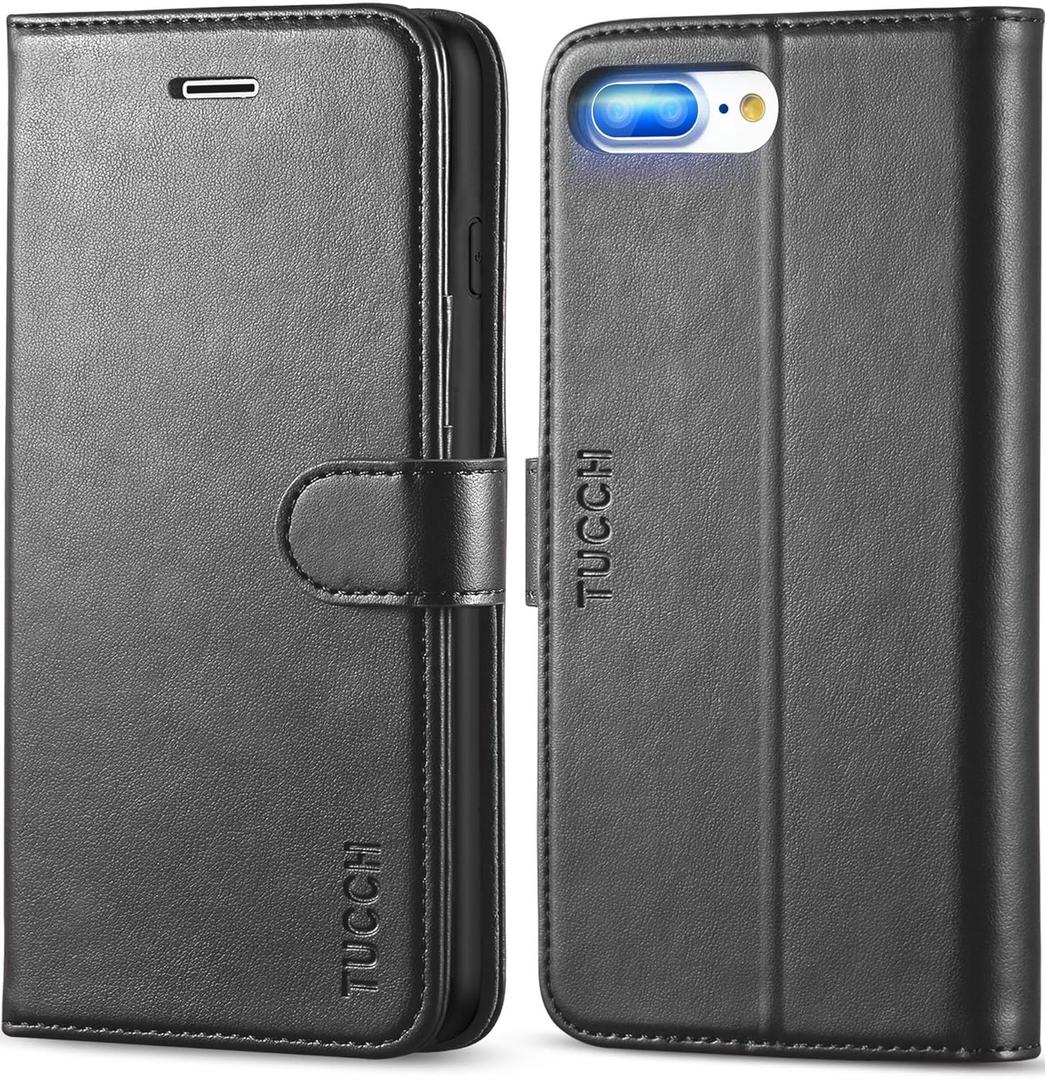 TUCCH Wallet Case for iPhone 7, RFID Blocking 4 Card Holders | Kickstand | Shockproof TPU Shell | PU Leather | Magnetic Closure | Protective Flip Folio Cover | Black