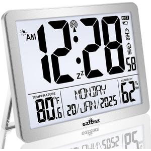 Digital Wall Clock Battery Operated with Backlight, Atomic Alarm Clocks with Indoor Temperature & Humidity for Bedrooms, Office, 8.5" Small Desk Clock with Large Display for Seniors, Auto DST, Sliver