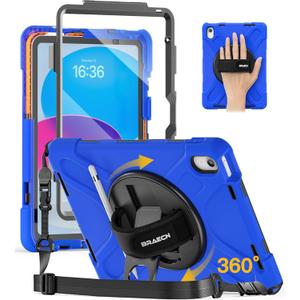 BRAECN for iPad (A16) 11th/10th Generation case 11/10.9 inch 2025/2022 Heavy Duty Shockproof Protective with Pencil Holder Screen Protector 360Rotating Stand Handle & Shoulder Strap Full Body Cover (Blue)