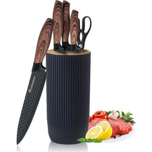 Kitchen Knife Set, Retrosohoo 6-Pieces Khaki Sharp Knife Block Set for Kitchen, Non-stick Non-slip Stainless Steel Chef Knife Set with Universal Knife Block Suitable for Home Restaurant (Black)
