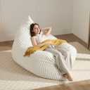 3-in-1 Giant Bean Bag Chair for Adults & Kids, Convertible Floor Sofa to Mattress, High-Density Foam Chair Bed with Washable Cover, Multi Functional Lounge Couch for Bedroom, Living Room (Beige)