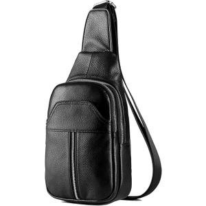DK86 Genuine Leather Sling Bag for Men and Women Crossbody Small Fanny Packs Chest Travel Backpack Daypack Black