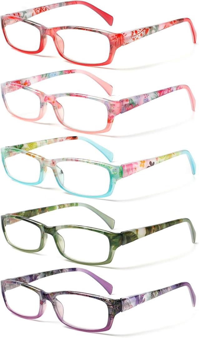 Kerecsen Reading Glasses 5 Pairs Fashion Ladies Readers Spring Hinge with Pattern Print Eyeglasses for Women (Mix Color -8, 1.50)