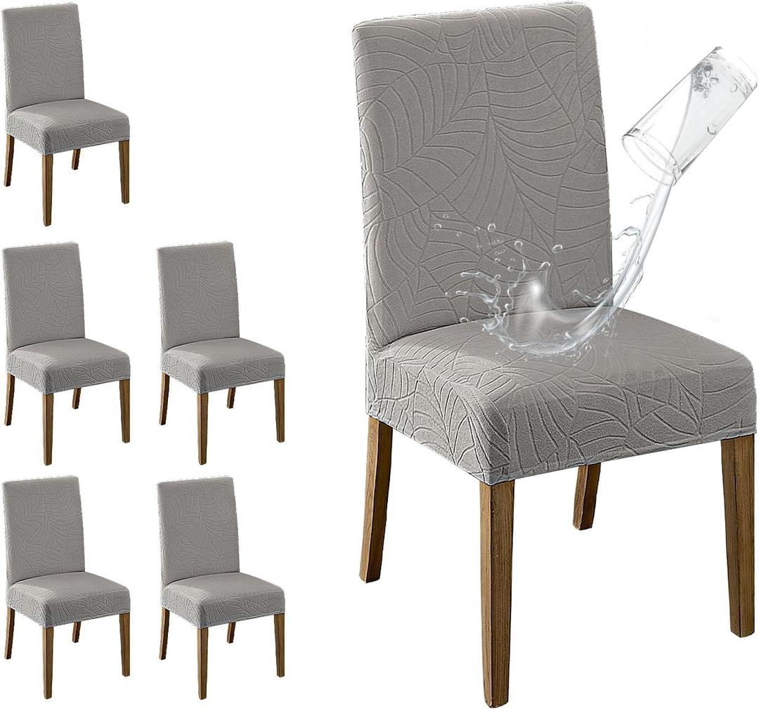 MOSAYT 100% Waterproof Dining Room Chair Covers Set of 6, Super Fit Stretch Jacquard Parson Chairs Slipcovers Removable Washable Chair Seat Protectors for Home, Kitchen, Banquet (Light Grey - XL)
