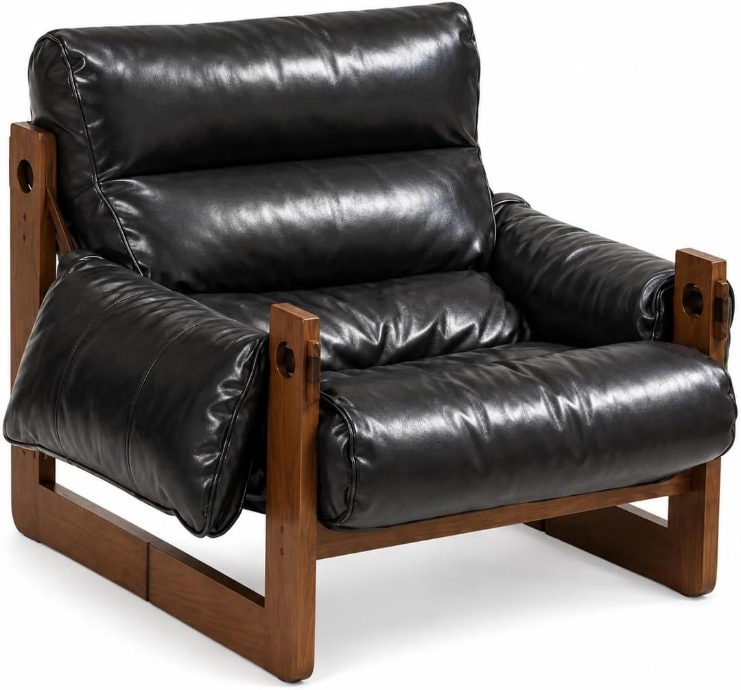 Genuine Leather Accent Chair, Solid Rubberwood Frame, Mid Century, Black, One Size, 
Material	Rubberwood
Product Dimensions	37.4"D x 25.59"W x 29.52"H
Size	One Size