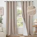 Lajode Beige 100% Blackout Curtains for Living Room 90 Inch Length 2 Panels Set, Thermal Insulated Light Blocking Faux Linen Curtains for Bedroom, Bronze Grommet Boho Window Drape Each 52" Wide