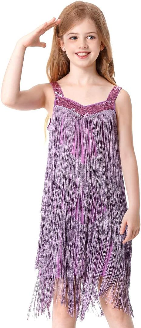 Kids Sequin Fringe Dress Sparkling Tassel Sleeveless Latin Dance Dress Salsa Dancewear Dancer Outfits for Girls (Small, Purple)