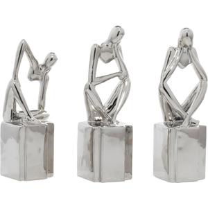 CosmoLiving by Cosmopolitan Porcelain Ceramic People Decorative Sculpture Sitting Thinker Home Decor Statues, Set of 3 Accent Figurines 4"W, 13"H, Silver