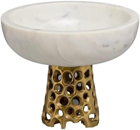 IHI EST. 1986 White Marble on Gold Aluminum Base - 6 x 7 Inch Decorative Pedestal Serving Bowl