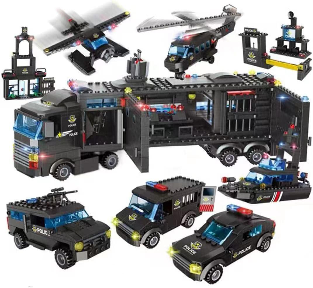 1102 Pieces City Police Station Building Kit, SWAT Mobile Command Center Truck Building Toy with Police Car, Helicopter, Patrol Boat, Best Learning and Roleplay Swat Toy Gift for Boys and Girls