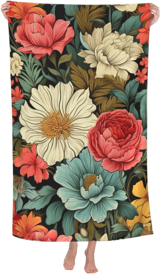 Boho Floral Beach Towel Microfiber Sand Free Vintage Flower Towels for Girls Women Quick Dry Ultra Absorbent Super Soft Pool Travel Swim Bath Shower Towel 52x 32 (One Size)