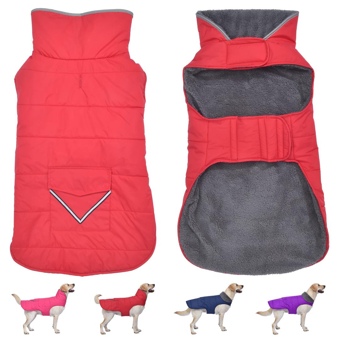 Dog Coat, Waterproof Dog Winter Jacket with Pocket, Reflective Adjustable Pet Snow Vest, Warm Cozy Fleece Sweater for Small Medium Extra Large Dogs - Red, XS