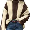 Saodimallsu Womens Turtleneck Sweater Color Block Striped Oversized Sweaters Winter Casual Trendy Pullover Tops Coffee