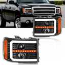 DimFlux LED DRL Headlight Assembly Fit 2007-2013 GMC Sierra 1500/2007-2014 GMC Sierra 2500 3500 (NOT Fit 2007 Classic Styles) Projector Headlights Left Right Side Black Housing Clear Reflector