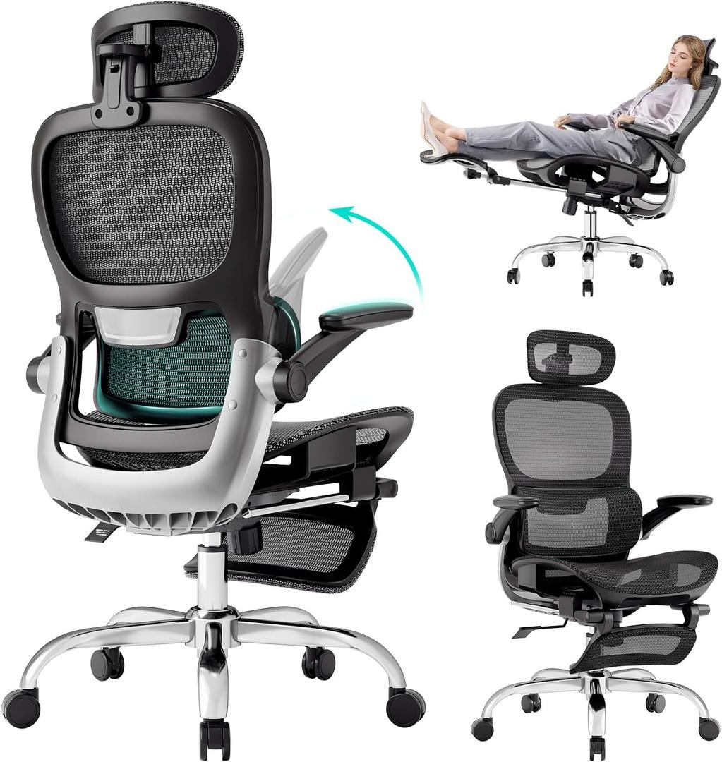 Ergonomic Ofice Chair with Adaptive BackrestSGS Class 4 Gas Clylinder and Flip-Up Armrests,Breathable Mesh, Adiustable Headres