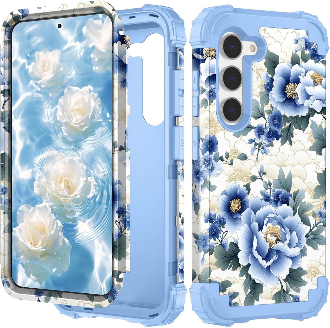 PIXIU Unique Flower Pattern Compatible with Samsung Galaxy S23 Plus case,Heavy Duty Dual Layer Shockproof Full-Body Protective Sturdy Hybrid Cute Rugged Case for Women,Girls,Kids-Blue Peony (A17)