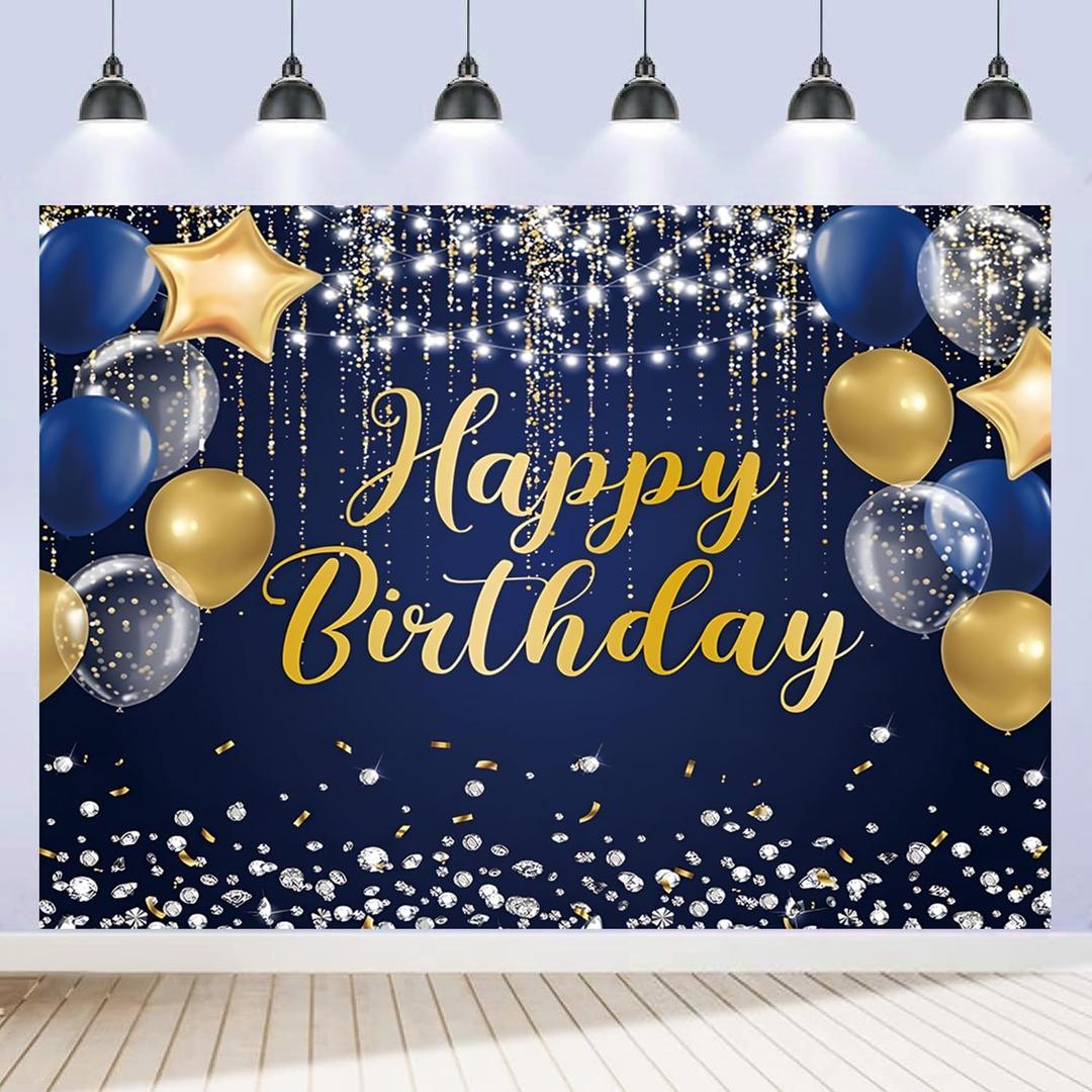 Happy Birthday Backdrop 7x5ft for Men Boys Navy Blue and Gold Happy Birthday Banner Decorations Large Birthday Party Photo Background Poster for Women Girls Supplies Polyester Fabric