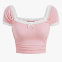 Girl's Lace Puff Short Sleeve Crop Tops Ribbed Knit Bowknot Square Neck T Shirt Cute Tops, Size 10 Y