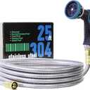 25FT Garden Hose, Stainless Steel Water Hose Flexible with a 10-Mode Nozzle Sprayer, No Kink, Lightweight, Puncture Proof, Ideal for Indoor & Outdoor Light Use, 5/8'' Outside Diameter