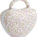 Heart Shaped Floral Cotton Cosmetic Bag Makeup Bag for Women, Travel Quilted Zipper Make Up Case with Handle, Flowers Toiletry Organizer Makeup Cosmetic Travel Cloth Pouch (Small Pink Flower)