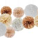 Boho Baby-Shower Party-Decorations Tissue Pom-Poms - 12pcs Neutral Rainbow Birthday Wedding Bridal Paper Flowers Streamers,White Brown Champagne Engagement Bachelorette Christmas Decor Ouruola