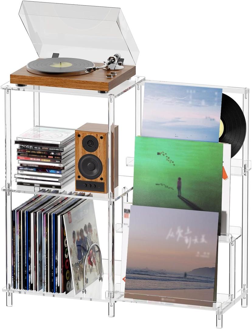 HMYHUM Acrylic Record Player Stand with Vinyl Storage, 3-Tier Table with Record Holder, Holds Up to 200 Albums, with Dividers