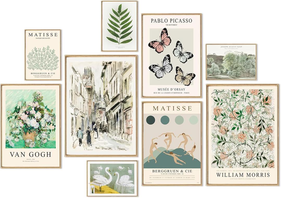 uniro Sage Green Eclectic Wall Art Prints, 9 Pcs Matisse Wall Art Exhibition Posters for Room Aesthetic, Van Gogh William Morris Matisse Picasso Green Eclectic Gallery Wall Decor, Maximalist Canvas (Multi Size 05)