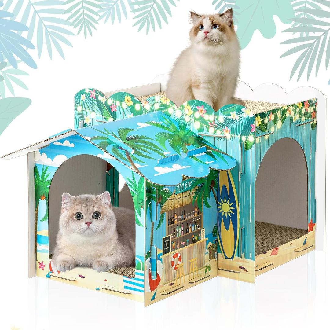 2 Story Cardboard Cat House with Scratcher Pad for Small Kitten,17x12x10 Multi Level Durable Cat Condo & Villa for Bunny Rabbit Small Animals Christmas Birthday Gift(Hawaii)