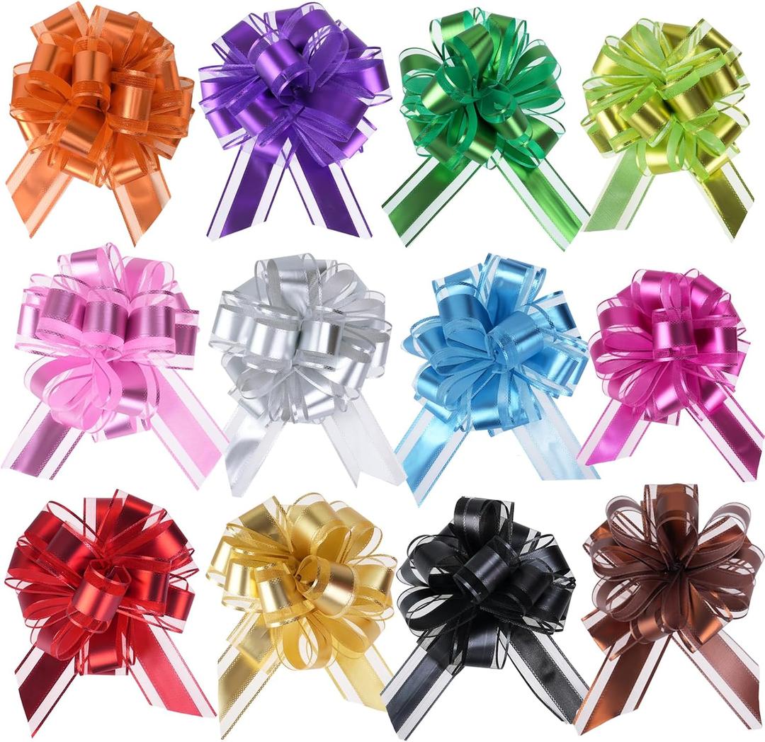 8 x 12PCS 6 Inch Large Pull Bows for Gift Wrapping Assorted Colors Ribbon Bows for Wedding Baby Shower Birthday Party Decorations Gift Basket Bow Bulk for Presents