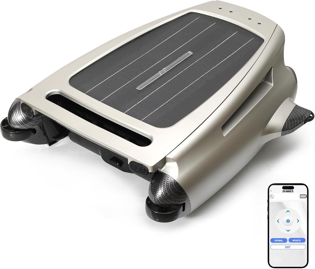 Solar Powered Robotic Pool Skimmer, Automatic Pool Surface Cleaner Robot with App Control,24/7 Continuous Cleaning, Dual Charging, Ideal for Above Ground & In-Ground Pools (Silvery