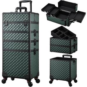 Stagiant Rolling Makeup Train Case Cosmetology Case on Wheels 4 in 1 Cosmetic Box Makeup Travel Case with Key Swivel Wheels Nail Artist Salon Barber StorageTraveling Cart Trunk Dark Green