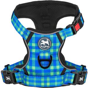 PoyPet No Pull Dog Harness, Reflective Adjustable No Choke Pet Vest with Front & Back 2 Leash Attachments, Soft Control Training Handle for Small Medium Large Dogs(Checkered Blue & Green,XL)