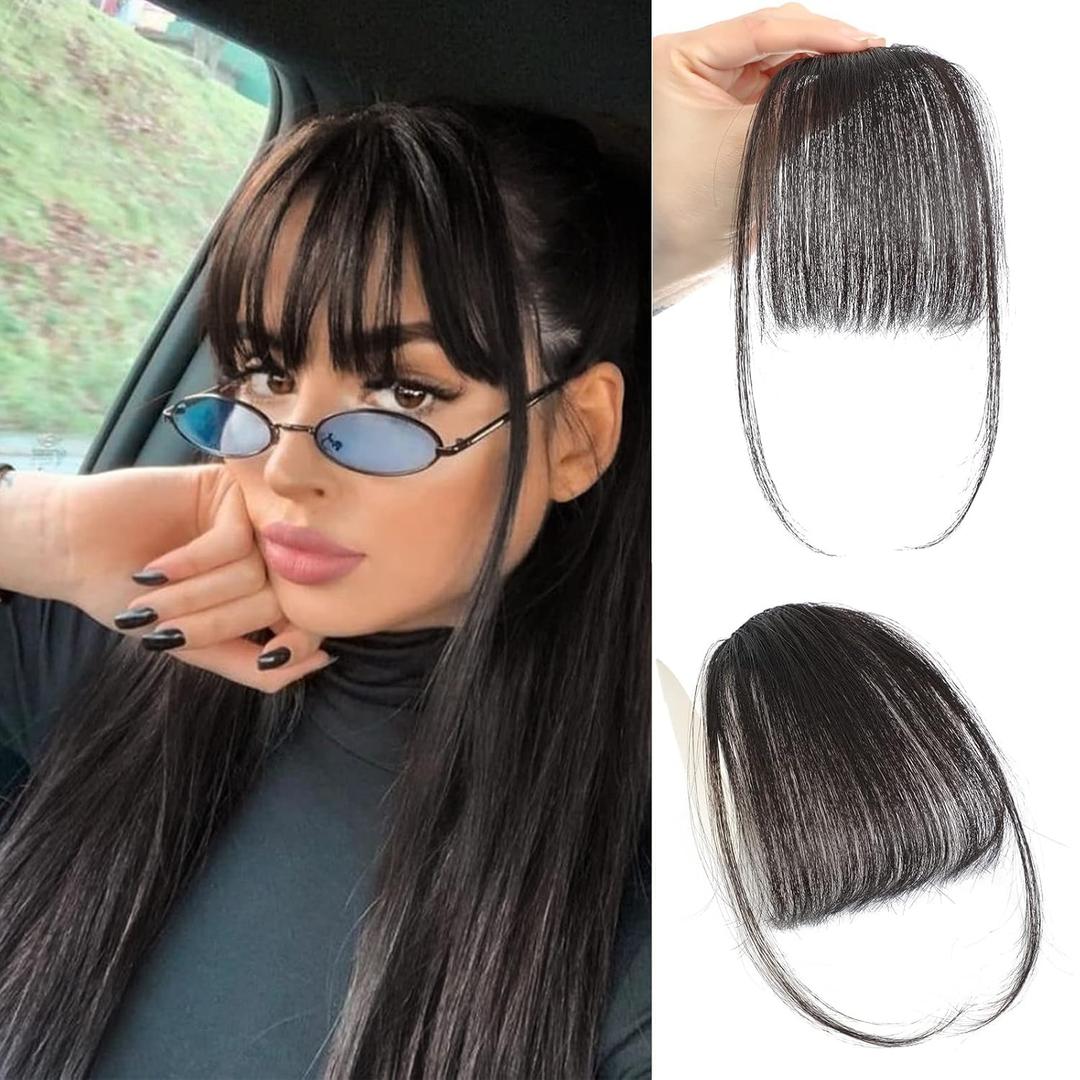 100% Human Hair Clip On Bangs - Wispy Brown & Black, Real Human Hair for Natural Hair