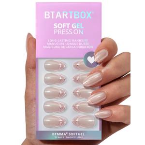 BTArtbox French Tip Press On Nails - Peppermint Kiss, White Pink Short Almond Press On Nails with Glue and Adhesive Tabs for Women in 16 Sizes - 32 Soft Gel Glue On Nails Kit