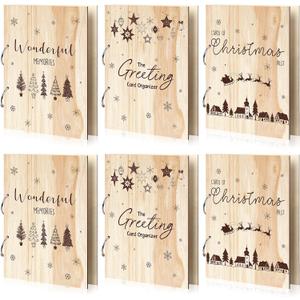 TecUnite 6 Pcs Christmas Greeting Card Booklet Organizer Wood Gift Card Keeper Holiday Post Book Album Holder with 2 Ring Binder for Xmas Birthday Gift Keepsake Photo Memory Collection