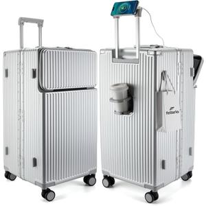 feilario Super Large Aluminum Frame Zipperless Checked Luggage Front Pocket, 30in
