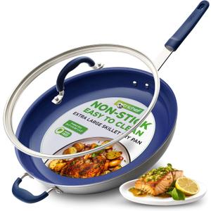 NutriChef 14" Fry Pan With Lid - Extra Large Skillet Nonstick Frying Pan with Silicone Handle, Ceramic Coating, Blue Silicone Handle, Stain-Resistant And Easy To Clean, Professional Home Cookware