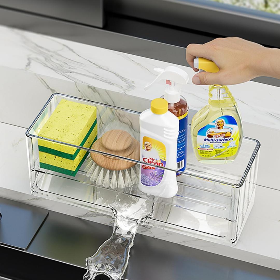 Akalin Sponge Holder for Kitchen Sink,Plastic Sink Caddy,Dish Sponge Holder with Auto Draining Tray,Kitchen Storage Rack-Soap,Dish Cloth,Brush,Scrubber (Clear)