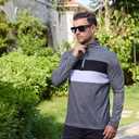 Mens Quarter Zip Polo Shirt Long Sleeve Color Block T Shirts for Men Lightweight Casual Striped Golf Polos (Medium, Grey)