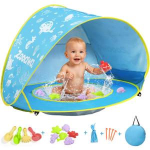 Zooawa Baby Beach Tent, Pop Up Beach Tent Sun Shade for Beach, Portable Shade Pool UV Protection Sun Shelter for Infant with Beach Sand Toys Set (Patterned Blue)