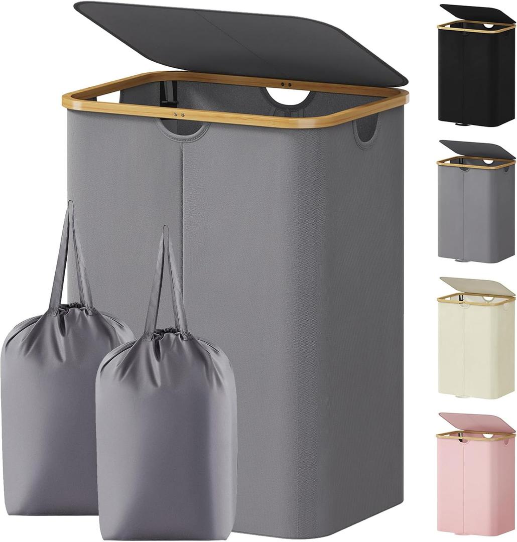 Lifewit 150L Double Laundry Hamper with Lid, Large Laundry Basket with Removable Bag & Bamboo Handles, Fodable Tall Dirty Clothes Hamper for Laundry Collapsible Bin for Bathroom Bedroom, Charcoal Gray