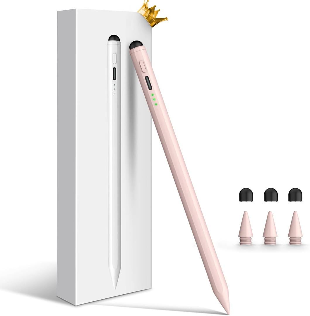 Stylus Pen for iPad, Dual-Tip 13 mins Fast Charge Pencil for Apple, Palm Rejection, Tilt Sensitivity, Compatible w/iPad 6/7/8/9/10, Pro 11/12.9in/M4, Air 3/4/5/M2, Mini 5/6 - Pink