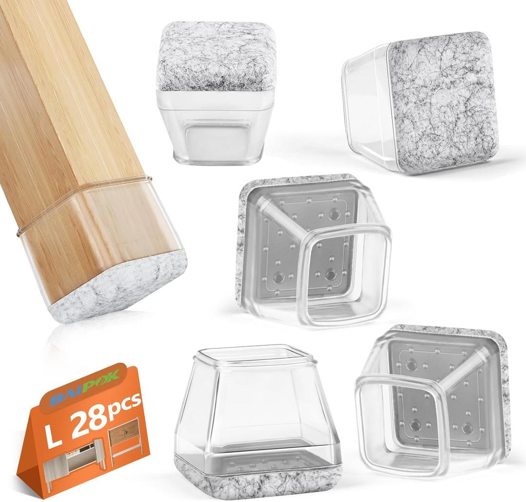 28Pcs Square Chair Leg Floor Protectors with Wrapped Felt Bottom, Silicone Chair Leg Protectors for Hardwood Floors, Chair Legs Cover Prevents Scratches & Reduce Noise (Clear L Fit 1.14"-1.42")