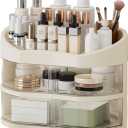 UFORU Makeup Organizer for Vanity, Countertop Organizer with 360° Rotating Drawer, Spacious Cosmetic Display Case for Beauty Essential, Skincare, Lipstick, 2 Drawers